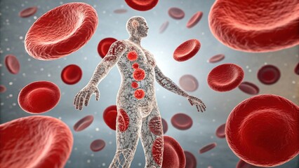 A digital illustration of a human figure surrounded by red blood cells, highlighting the circulatory system and its vital role in the body.