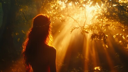 Obraz premium Redhaired Woman Silhouetted By Golden Forest Sunlight