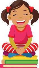 Happy elementary school student girl sitting cross legged on stack of books
