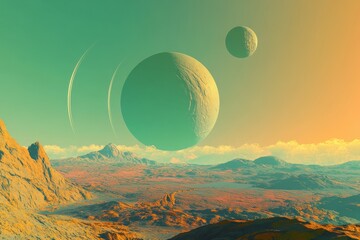 A wide-angle cosmic view of a planet with a vivid atmosphere, lush terrains, and intricate weather patterns, circled by two moons in synchronized motion.