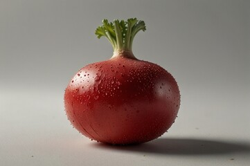 A vibrant red radish with water droplets glistening on its surface standing tall with a crown of fresh green leaves against a neutral background