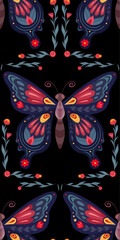 Fototapeta premium Vector folk art seamless pattern with tracery butterfly on black background. Decorative texture with flying insect with floral ornament for wallpaper and textile