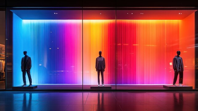 Colorful retail window display at night