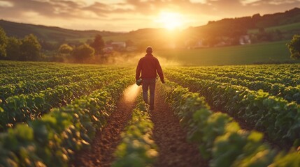 Fototapeta premium A farmer sprays his crop with pesticide during sunset, using his portable spraying machine, in a wide cultivated agriculture field