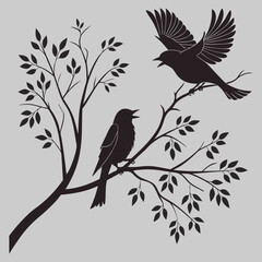  birds on branch silhouette vector design art and illustration