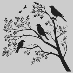 birds on branch silhouette vector design art and illustration