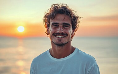A relaxed man with a charming smile and tousled hair, wearing a casual white t-shirt, against a warm beach sunset background