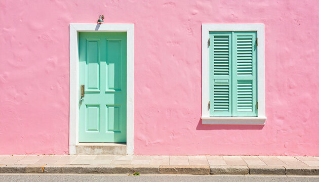 Colorful mint green door and shutters on pink wall, vibrant architecture