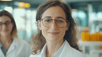 Smiling Female Scientist in Lab Coat with Glasses at Modern Research Facility, Emphasizing Professionalism and Innovation in Scientific Community