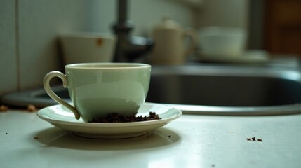 A Pale Green Teacup Rests on a Saucer with Loose Tea Leaves, Kitchen Counter Setting