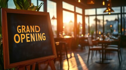 Celebratory Restaurant Opening Marked by Table Sign, Fresh Flower Arrangement, and Impeccable Stylish Design in Inviting Decor