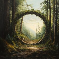 The Enchanted Circle: A mystical portal beckons through a lush, green forest. A winding path leads to a ring of twisted branches entwined with verdant foliage, framing a glimpse of a serene.