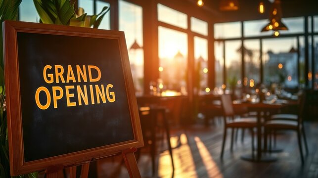 Celebratory Restaurant Opening Marked by Table Sign, Fresh Flower Arrangement, and Impeccable Stylish Design in Inviting Decor
