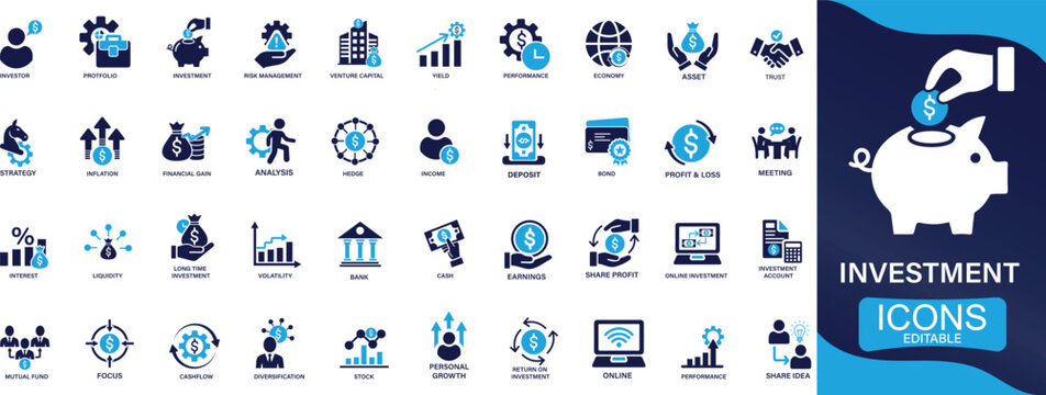  Investment icon set investor, mutual fund, asset, risk management, economy, financial gain, interest and stock, You can easily change the color