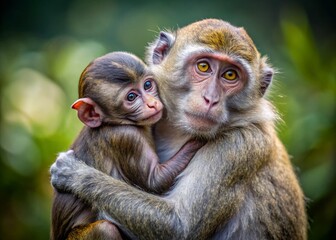 Fototapeta premium Adorable Gray and Brown Monkeys Embracing: Wildlife Family Portrait