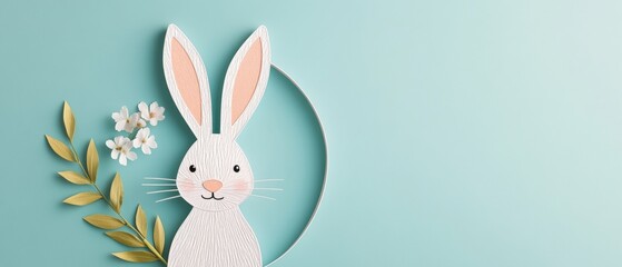 Serene White Rabbit Ears on Light Teal Background with Elegant Bunny Head in Minimalist Cartoon Style Message Space Included