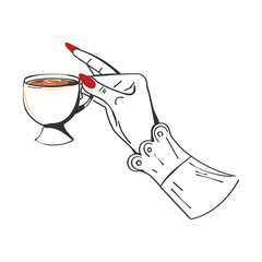 A hand-drawn ink picture for the menu: a woman's hand holding an elegant cup of coffee. Vector illustration on a transparent background.