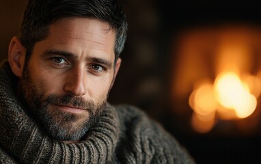 Fototapeta premium A ruggedly handsome man with a short beard and deep-set eyes, wearing a warm sweater, against a cozy fireplace-lit background