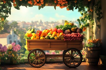 A vibrant cart filled with fresh fruits and vegetables, parked beside a scenic window view.