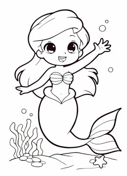 Cute coloring page of a cheerful mermaid waving with coral and bubbles in an underwater scene