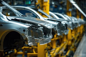 Fototapeta premium Semi-finished automotive parts lined up for assembly in a state-of-the-art manufacturing facility