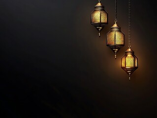 Obraz premium Three Illuminated Moroccan Lanterns Hanging Against Dark Background