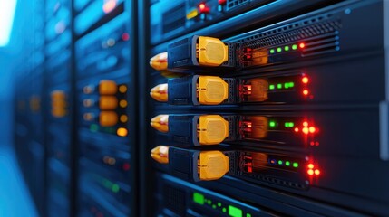 Naklejka premium Data center server rack close-up, network lights glowing, technology background, for IT infrastructure websites