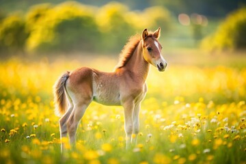 Adorable Newborn Foal in Vibrant Buttercup Meadow - Bokeh Effect Stock Photo