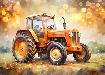 Fototapeta premium Adorable Orange Tractor Watercolor Print - Cute Farm Poster Design