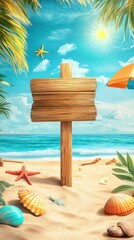 Poster template with a wooden sign, tropical beach theme, glowing sunshine, and beach accessories like umbrellas and shells.