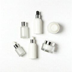 Elegant Arrangement of White Cosmetic Bottles and Jars on Background