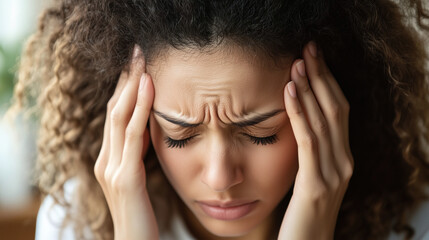 Fototapeta premium Tired female office manager suffering from headache at desk, minimalist setting, stressed expression, workplace fatigue, realistic photo