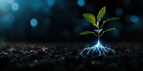 Sprout with glowing roots in dark soil and blue bokeh background. Growth and technology themes