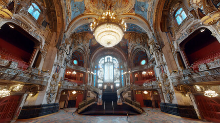 Obraz premium Ornate theater interior, grand staircase, stained glass, audience seating, architectural details, empty stage, luxurious, event venue