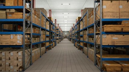 Industrial Warehouse Filled With Storage Boxes Labeled For Shipment, Distribution Center Storing Cargo For Import Export Industry