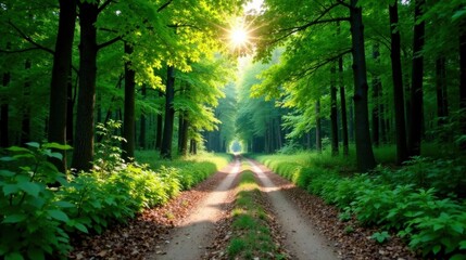 Obraz premium Sunlit Path Through a Verdant Forest Canopy, A Serene and Tranquil Nature Scene