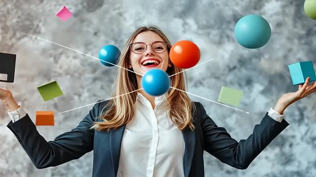 Joyful Businesswoman Juggling Colorful Objects: A Symbol of Multitasking and Success