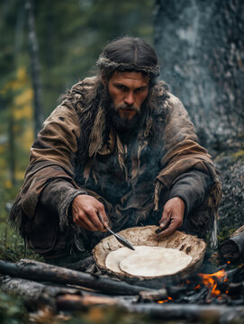 Evenki reindeer herders preparing traditional food in the Siberian wilderness