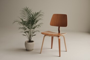 Wooden Chair and Potted Plant Minimalist Still Life
