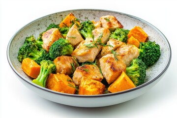 Fototapeta premium Healthy roasted chicken with sweet potatoes and broccoli served in a decorative bowl