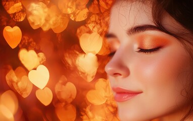 Fototapeta premium A soft-focus portrait of a woman with warm autumnal makeup, with a cozy orange heart bokeh background