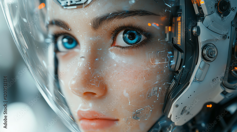 Poster Close-up view of a humanoid robot face expressing deep emotion and wonder