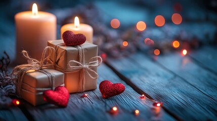 Decorative gifts and candles create a cozy atmosphere for a festive celebration around a wooden table at night