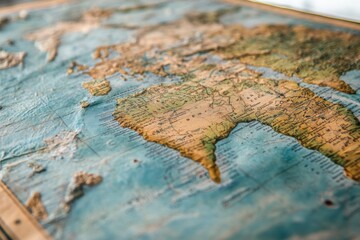 Fototapeta premium Detailed topographical map showcasing Africa and surrounding oceans in a vintage style, emphasizing geographic features and landmasses