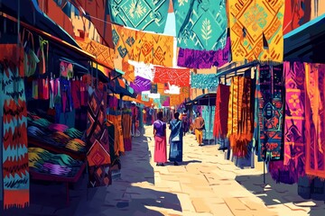 Obraz premium A vibrant cultural market with colorful stalls and intertwined patterns.