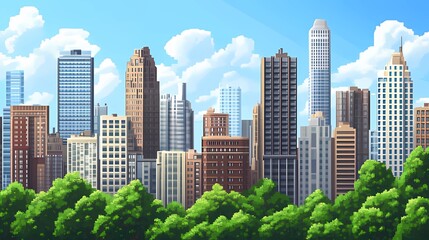 Pixelated Cityscape with Lush Greenery - A vibrant pixel art cityscape with tall buildings, green trees, and a bright blue sky