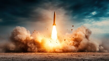 A powerful rocket launches into the sky, surrounded by explosive clouds of smoke and flame, capturing the sheer energy and excitement of a launch event in action.