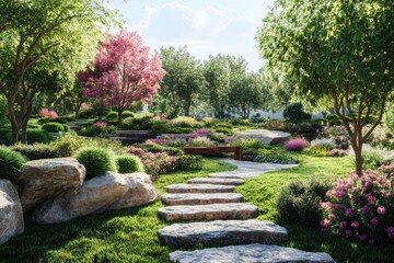 Obraz premium Vibrant garden pathway surrounded by lush greenery and blooming flowers in bright daylight