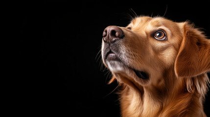 Golden retriever portrait with black background. Pets and advertising content