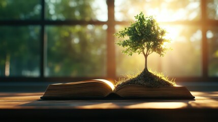 A vibrant tree sprouts from the pages of an open book, symbolizing knowledge and growth, bathed in warm, serene sunlight capturing the essence of nature's resilience.
